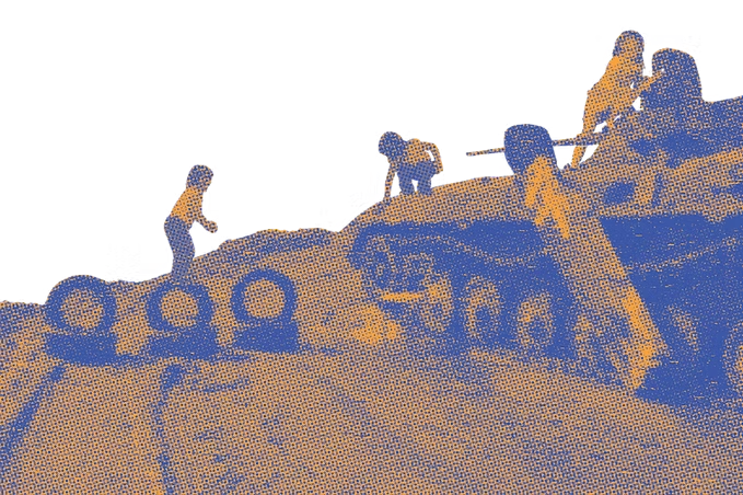 Children playing on a tank